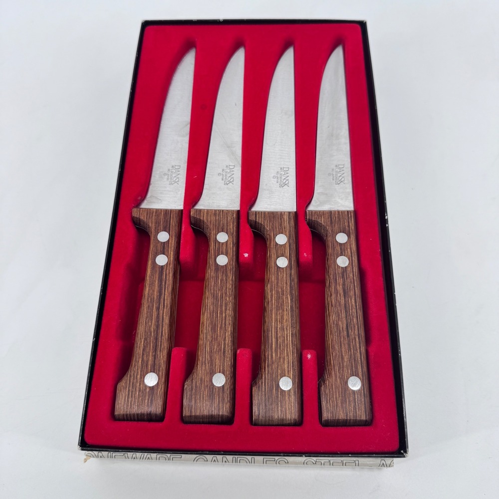 Vintage Dansk Kobenstyle Steak Knife Set 4pc Brown Wood Handle Stainless Japan